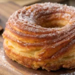 Close-up of a golden churro cronut topped with cinnamon sugar, resting on a wooden board with cinnamon sticks in the background.