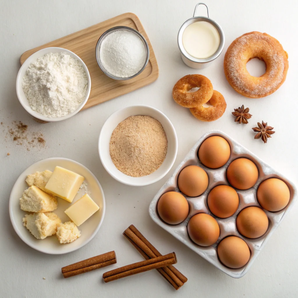 Flat lay of churro cronut ingredients including flour, eggs, butter, sugar, cinnamon sticks, milk, and doughnuts on a light surface.

