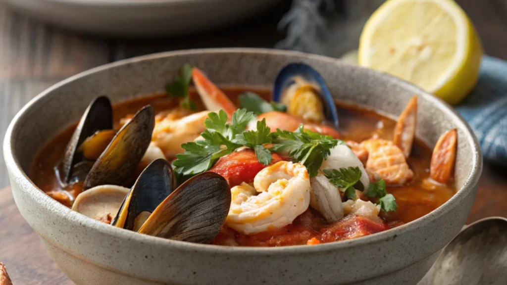 Bowl of Cioppino seafood stew with shrimp, mussels, clams, and tomato broth garnished with parsley