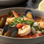 Bowl of Cioppino seafood stew with shrimp, mussels, clams, and tomato broth garnished with parsley