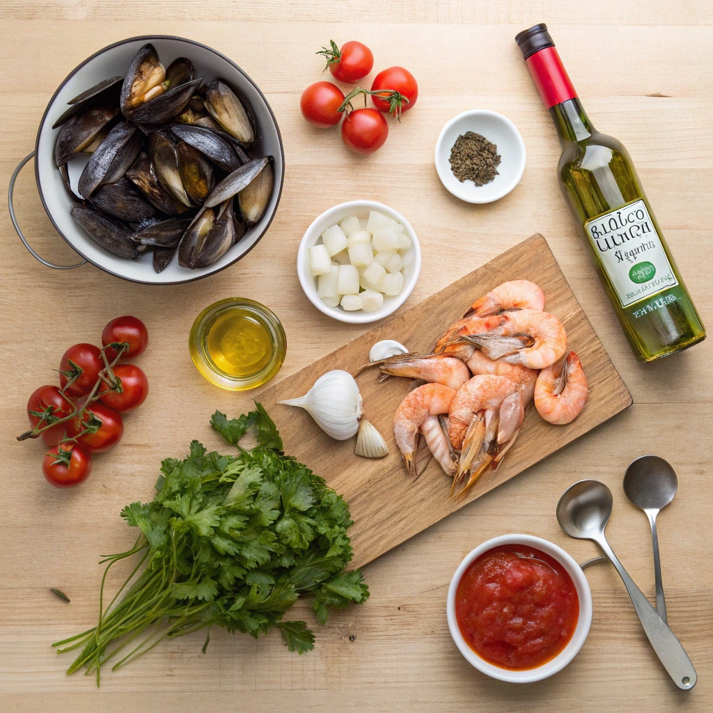Fresh ingredients for Cioppino seafood stew including shrimp, mussels, tomatoes, herbs, and olive oil