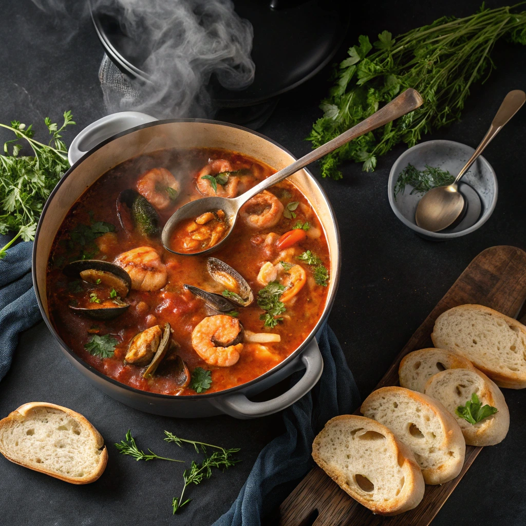 Steaming pot of Cioppino seafood stew with shrimp, mussels, and herbs served with sliced rustic bread