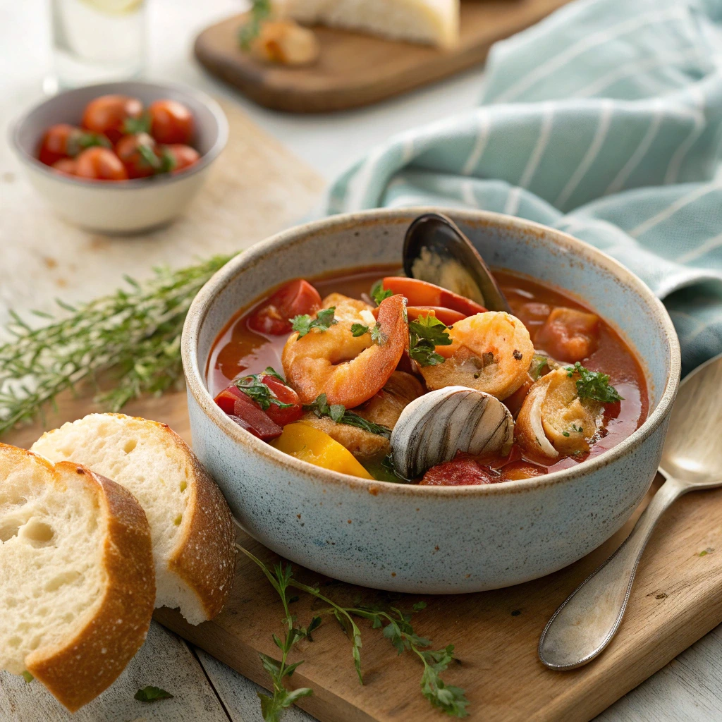 Bowl of Cioppino seafood stew with shrimp, clams, and vegetables served with rustic bread