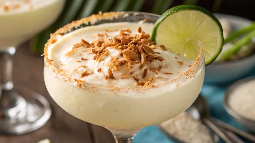 Creamy Coconut Lime Daiquiri garnished with toasted coconut and lime slice