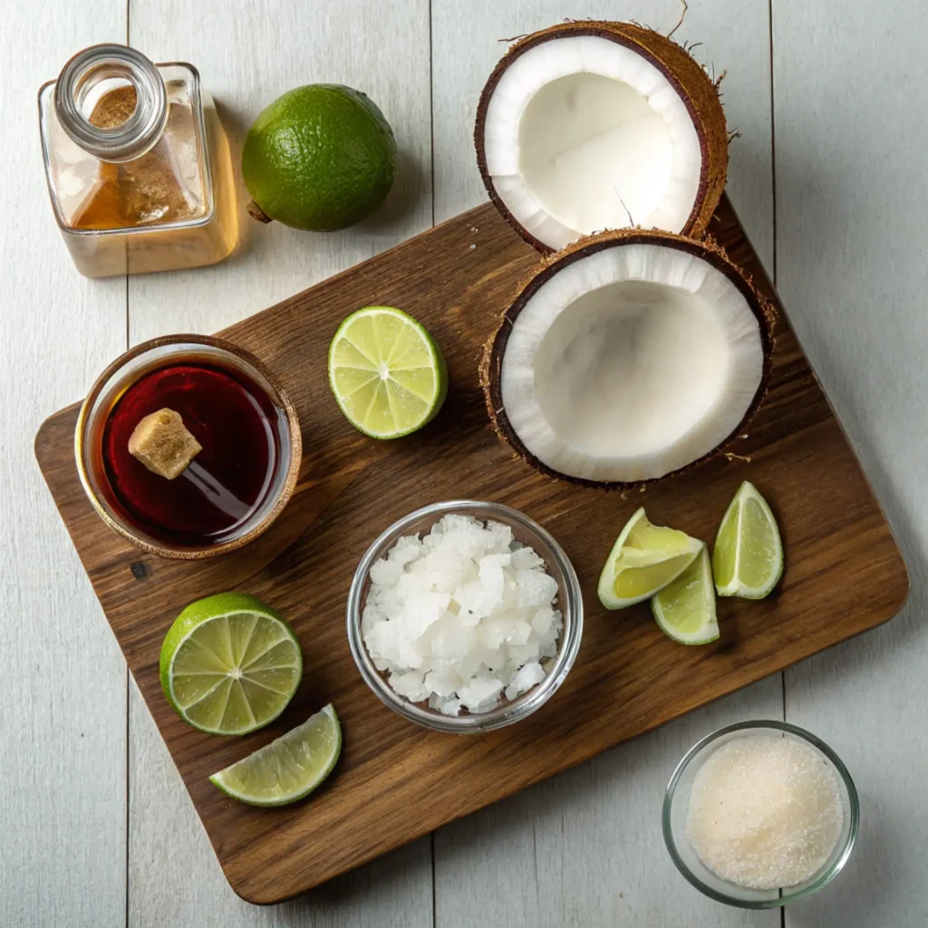 Coconut Lime Daiquiri ingredients including coconut, lime, rum, and ice on a wooden board