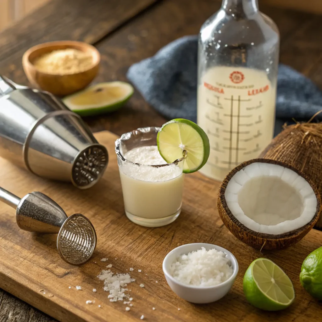 Coconut Lime Daiquiri in mixing scene with shaker, fresh lime, and coconut on wooden board