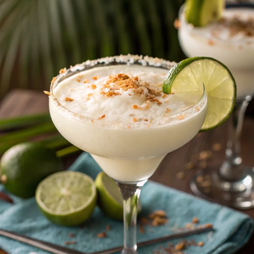 Frozen Coconut Lime Daiquiri topped with toasted coconut and lime garnish in a cocktail glass