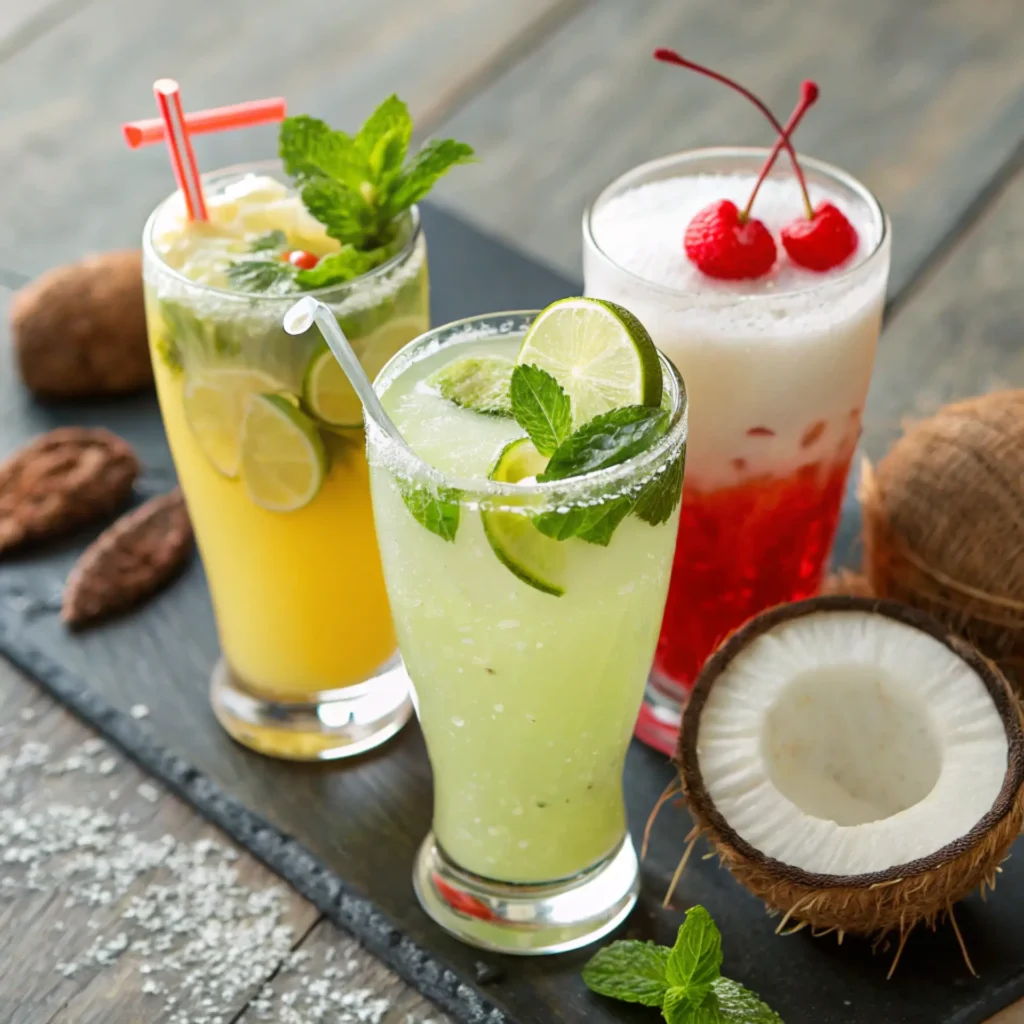 Tropical cocktail trio with lime, coconut, and cherry garnishes including a Coconut Lime Daiquiri variation
