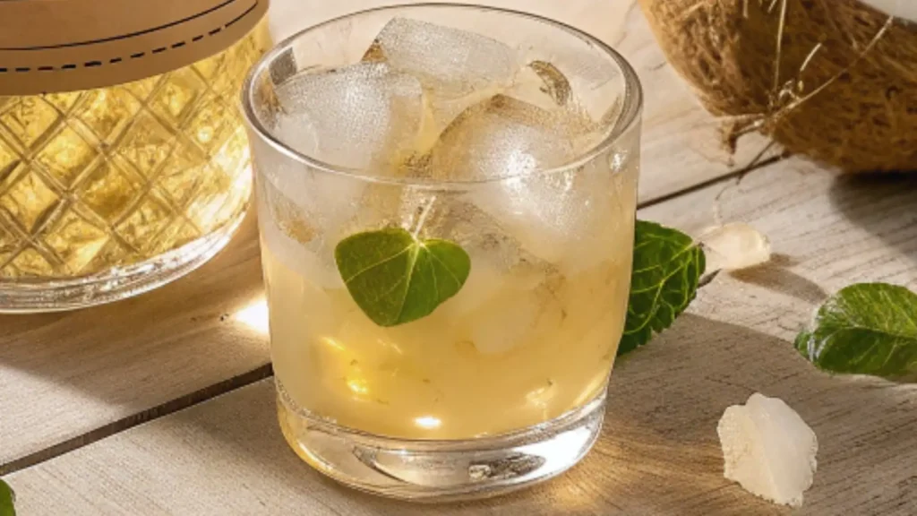 A glass of coconut infused rum served over ice with a fresh mint or leaf garnish, beside a bottle of rum and a coconut on a wooden table.