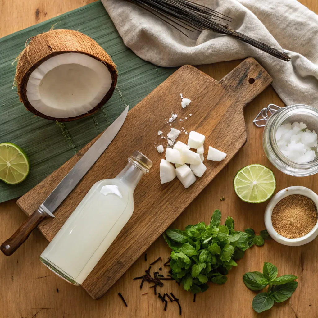 Flat lay of coconut infused rum ingredients including chopped coconut, a whole coconut half, fresh lime, mint leaves, brown sugar, vanilla pods, and a glass bottle of liquid on a wooden surface.