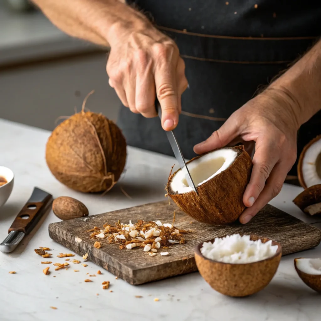 Person cutting open a fresh coconut with a knife on a wooden board, with shredded coconut, coconut shells, and brown husks visible on a kitchen counter.