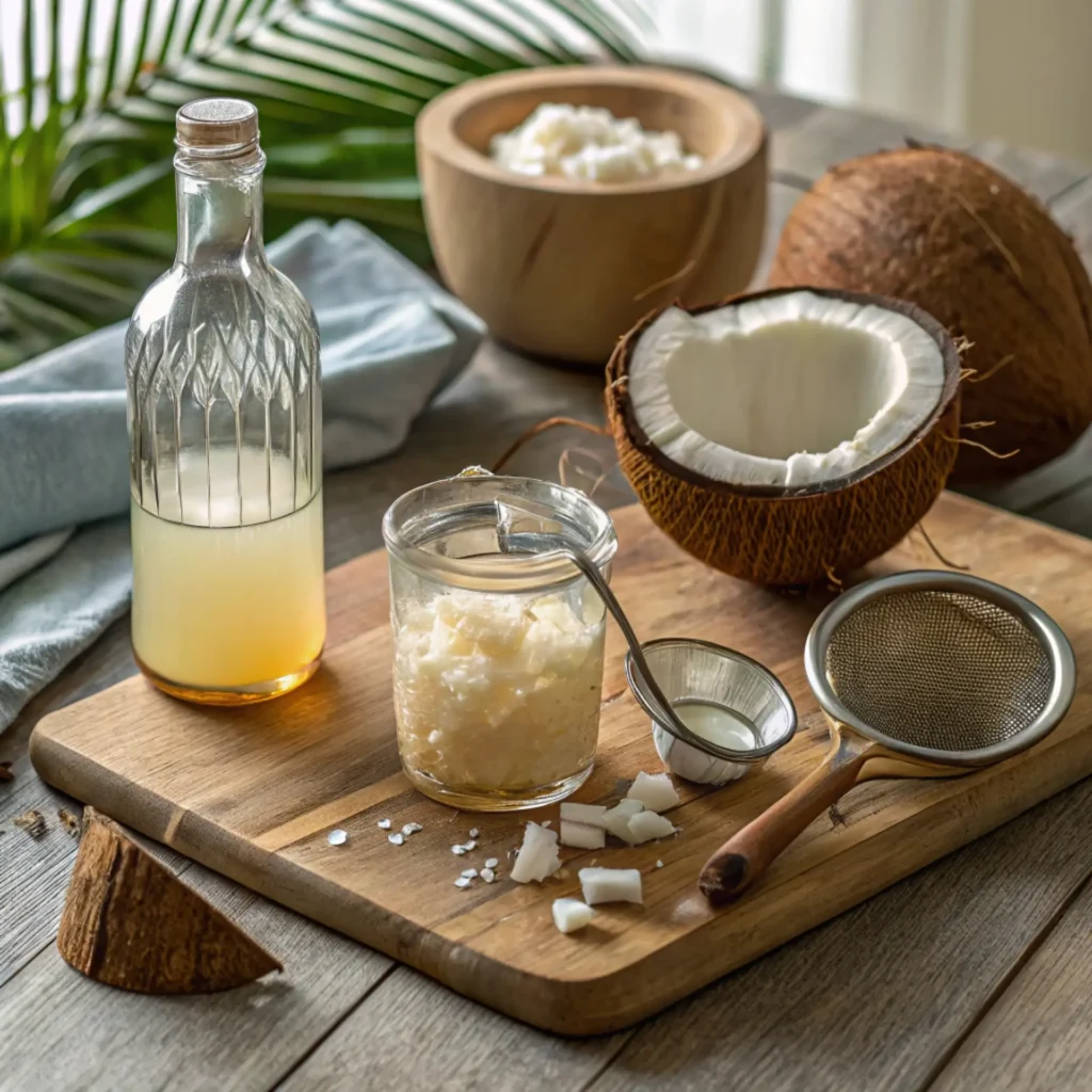 Glass bottle of homemade coconut infused rum beside a jar of shredded coconut, a strainer, and halved coconuts on a wooden board in a tropical kitchen setting.