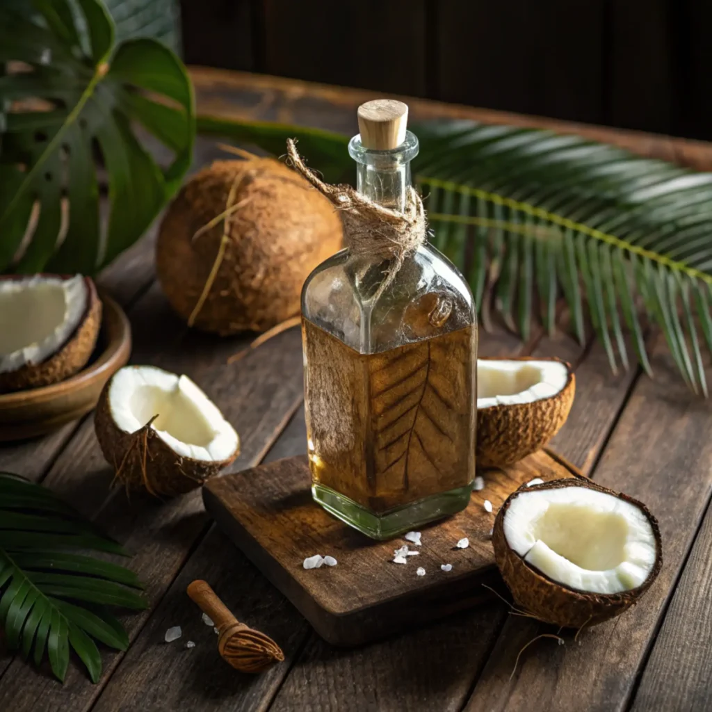 Glass bottle of homemade coconut infused rum with a rustic leaf-wrapped label, surrounded by halved coconuts, sea salt, and tropical palm leaves on a dark wooden surface.