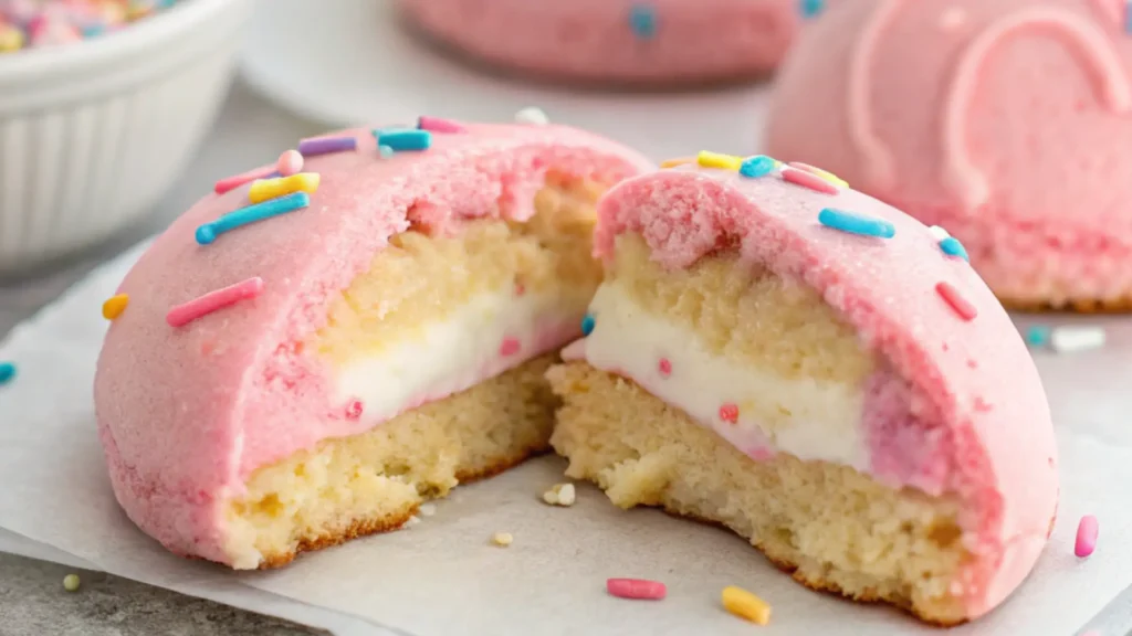 Stuffed cotton candy cookie with cream filling and colorful sprinkles