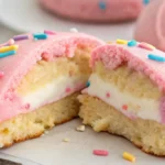 Stuffed cotton candy cookie with cream filling and colorful sprinkles
