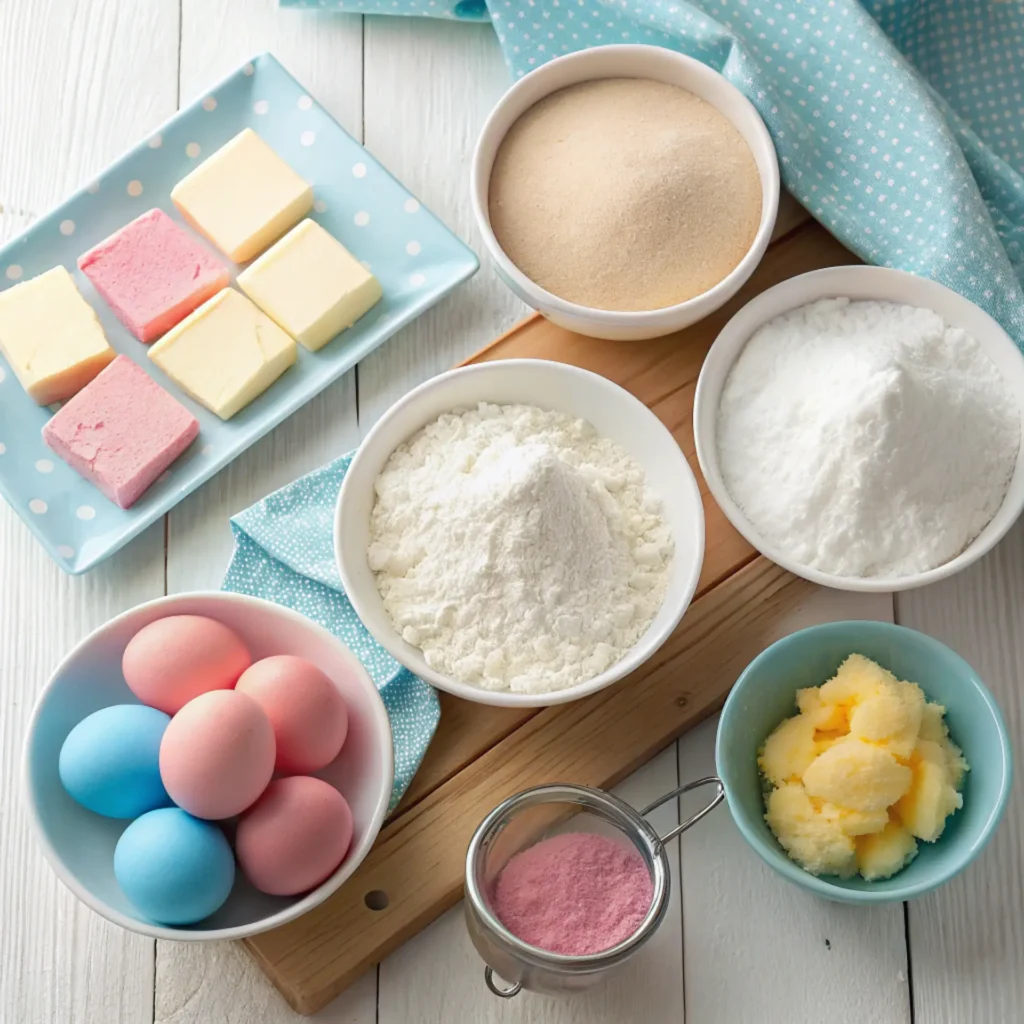 Cotton candy cookie ingredients including pastel eggs, pink sugar, flour, and butter on wooden surface