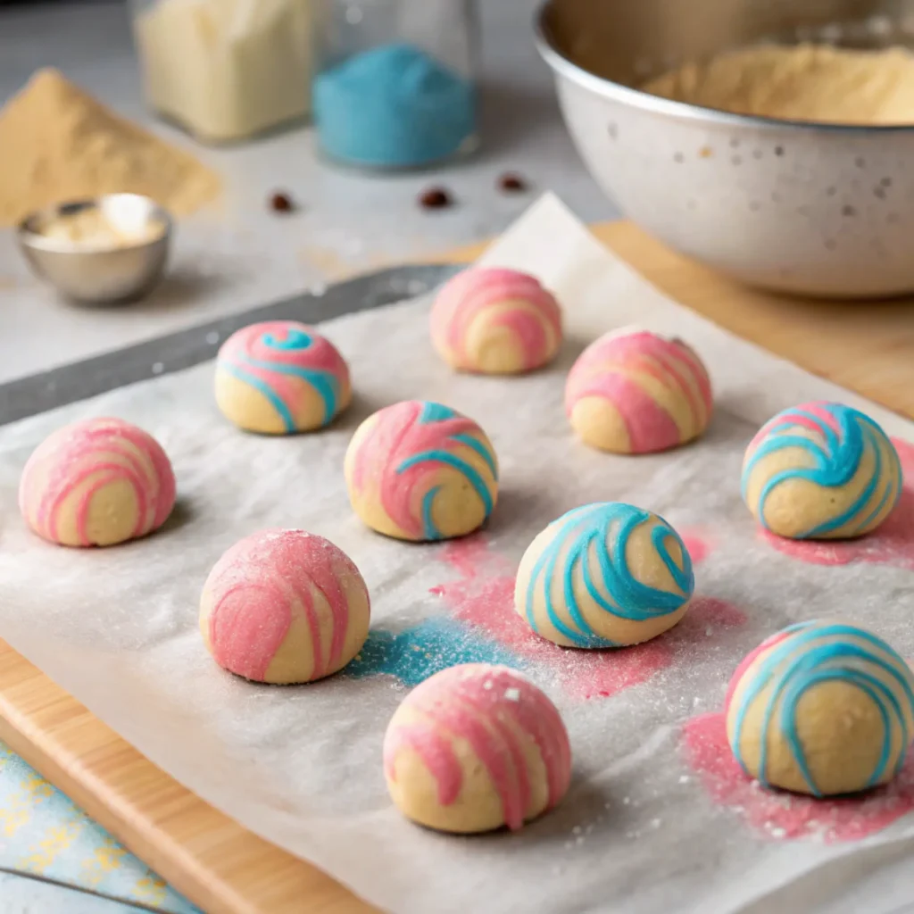 Swirled cotton candy cookie dough balls on parchment paper ready for baking
