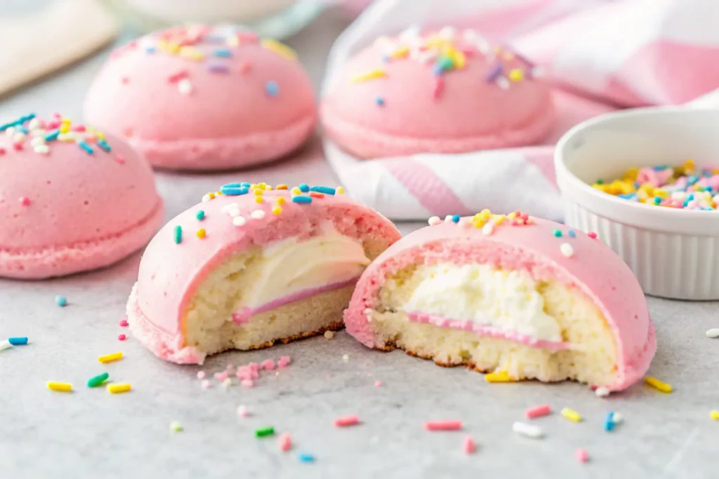 Soft pink cotton candy cookies with cream filling and rainbow sprinkles
