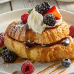 Croissant French Toast topped with fresh berries, whipped cream, and maple syrup on a white plate