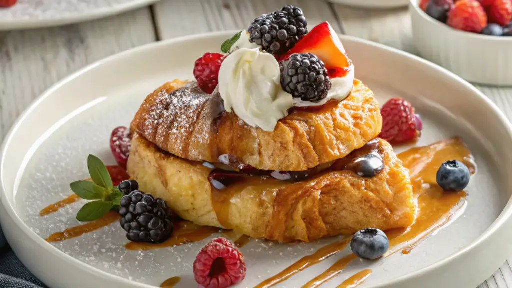 Croissant French Toast topped with fresh berries, whipped cream, and maple syrup on a white plate