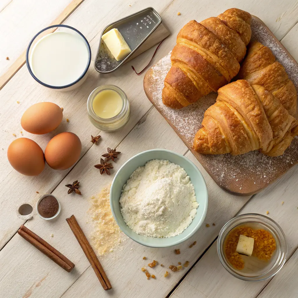Ingredients for Croissant French Toast including croissants, eggs, milk, flour, butter, cinnamon, and spices on a white wooden surface