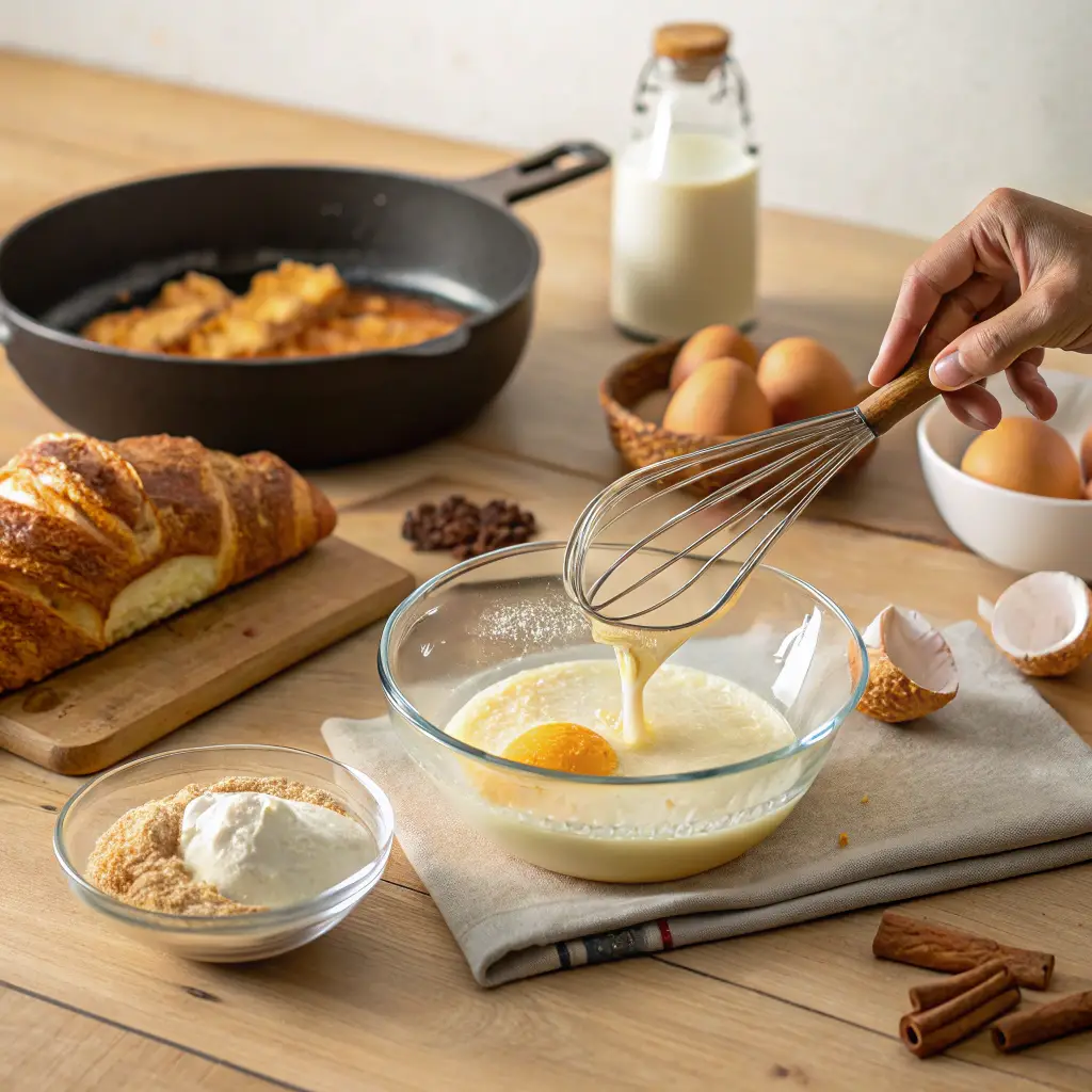 Whisking eggs and milk in a glass bowl to make custard for Croissant French Toast, with sliced croissants and ingredients on a wooden counter