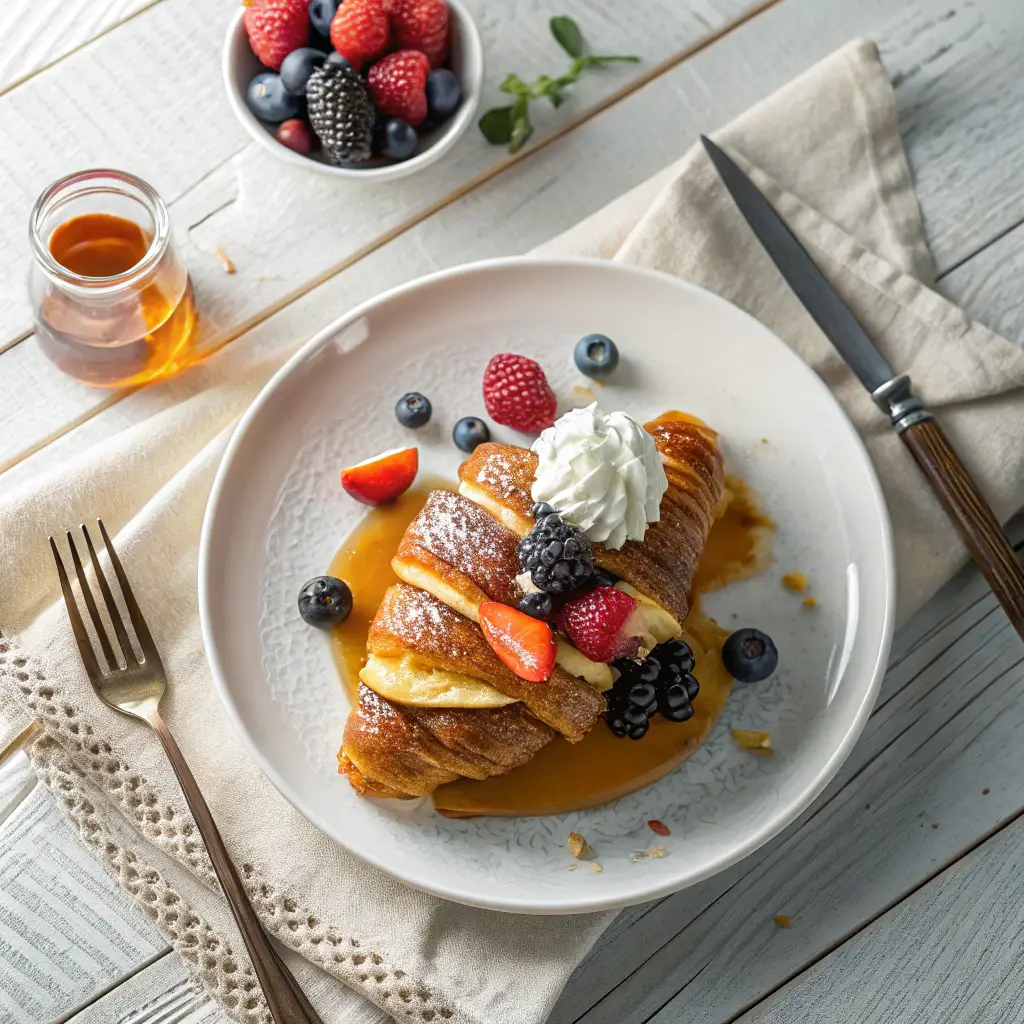 Croissant French Toast topped with whipped cream, fresh berries, and maple syrup on a white plate with cutlery and a rustic napkin