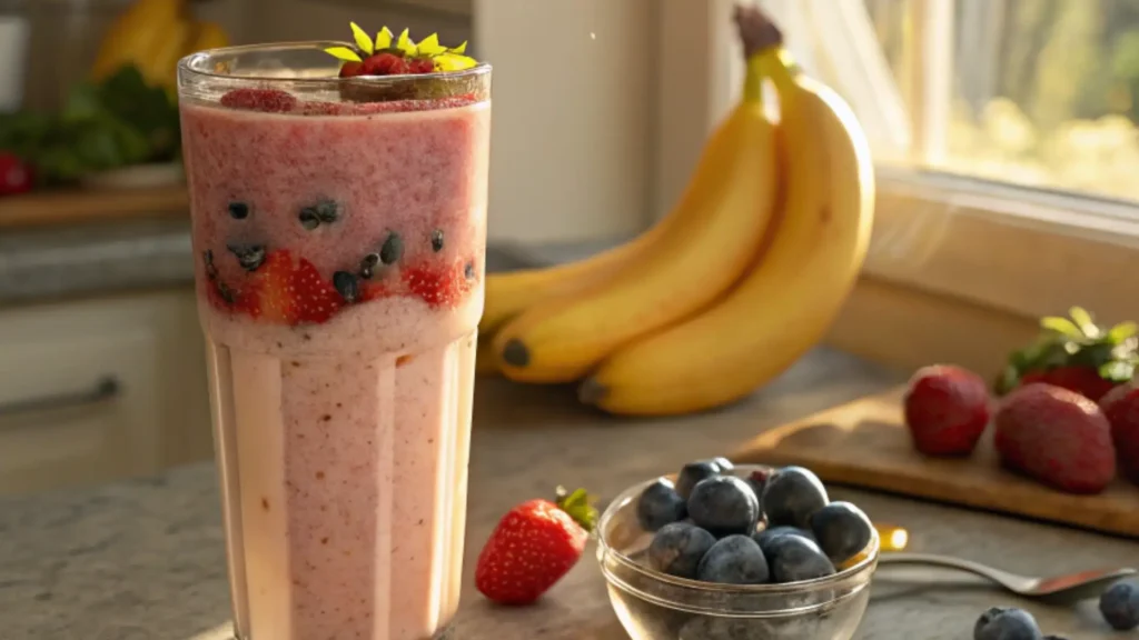 Freshly prepared fruit and yogurt smoothie with strawberries, blueberries, and bananas on a kitchen counter