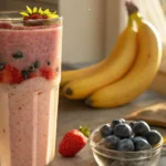 Freshly prepared fruit and yogurt smoothie with strawberries, blueberries, and bananas on a kitchen counter