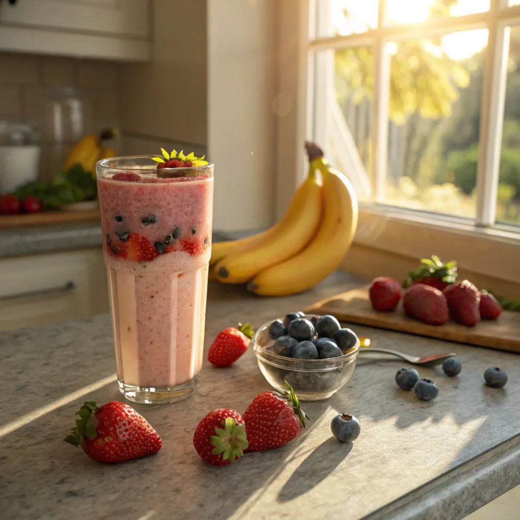 Fruit and yogurt smoothie in a tall glass with strawberries, blueberries, and bananas in a sunlit kitchen