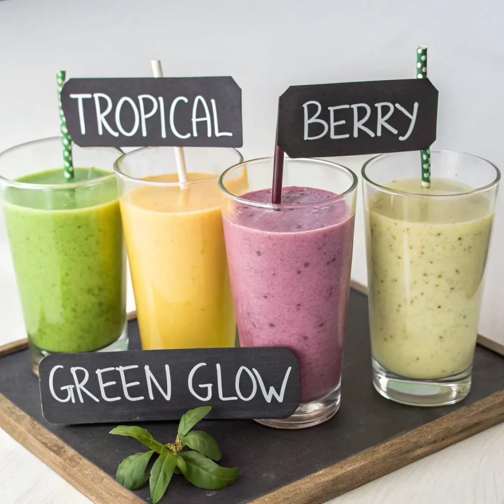 Four colorful fruit and yogurt smoothies labeled Green Glow, Tropical, and Berry in clear glasses on a tray