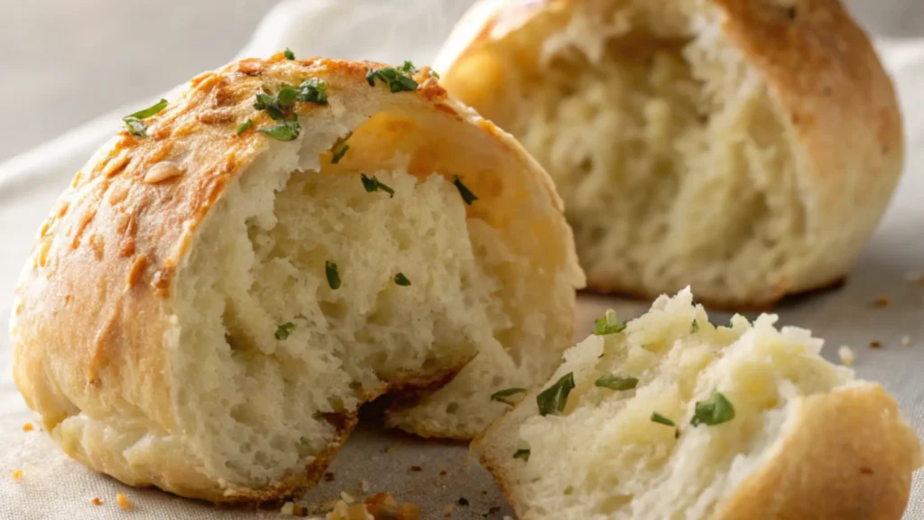 Freshly baked garlic knots torn open to reveal a soft, fluffy interior, topped with chopped parsley and melted garlic butter.