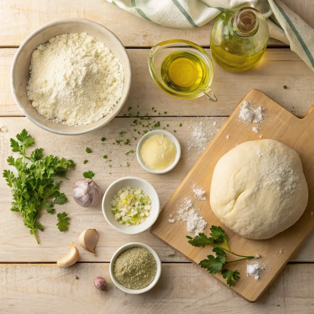 Flat lay of garlic knots ingredients including pizza dough, flour, olive oil, garlic cloves, parsley, Parmesan cheese, and seasonings on a rustic wooden surface.