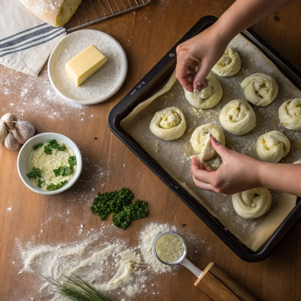 Hands shaping garlic knot dough on a parchment-lined baking tray, surrounded by butter, garlic, parsley, and flour on a rustic kitchen counter.