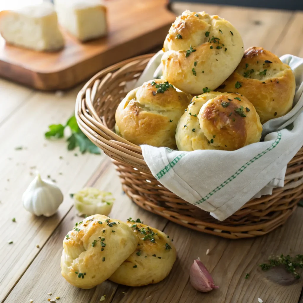 Freshly baked garlic knots in a woven basket, topped with chopped parsley and garlic butter, placed on a wooden table with garlic cloves and cheese in the background.