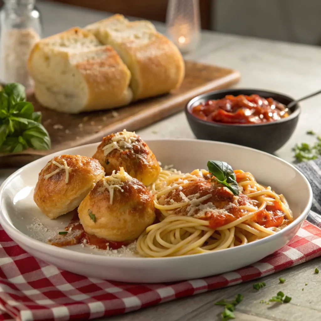 Plate of garlic knots and spaghetti with marinara sauce and grated cheese, served on a red checkered napkin with fresh basil and bread in the background.