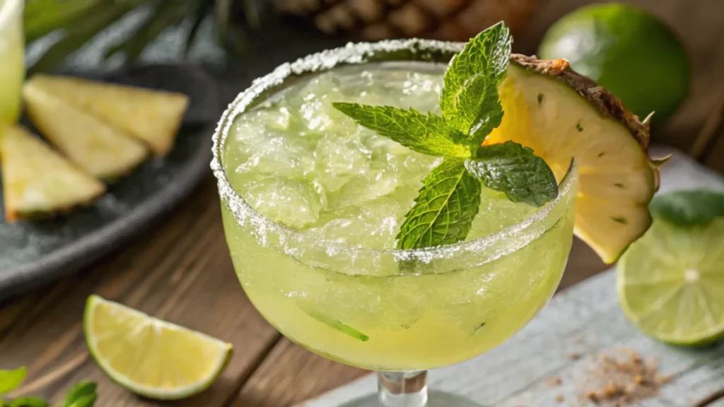 Green Pineapple Margarita with mint garnish and pineapple slice in a salt-rimmed glass