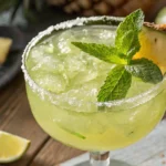 Green Pineapple Margarita with mint garnish and pineapple slice in a salt-rimmed glass