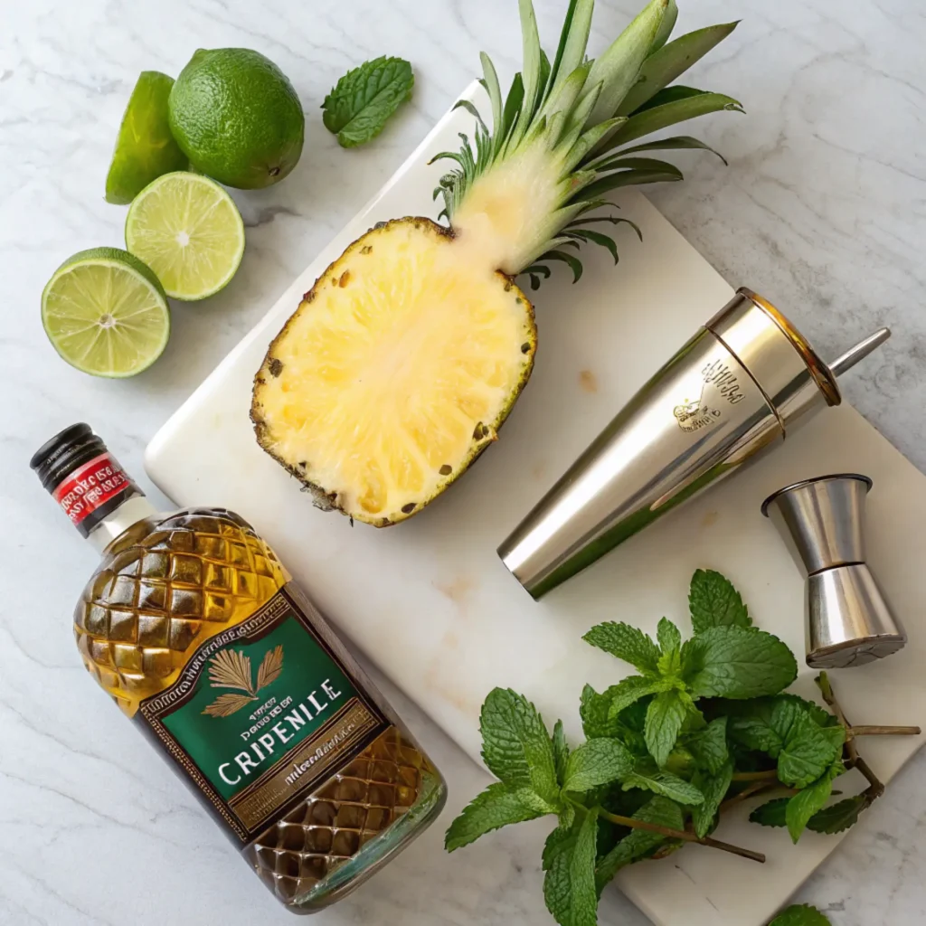 Green Pineapple Margarita ingredients with pineapple, mint, lime, and tequila bottle on a marble surface