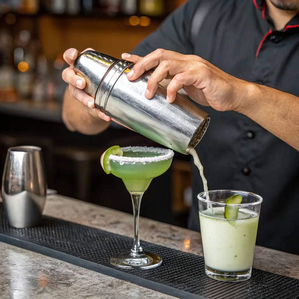 Bartender pouring Green Pineapple Margarita from a shaker into a salt-rimmed margarita glass