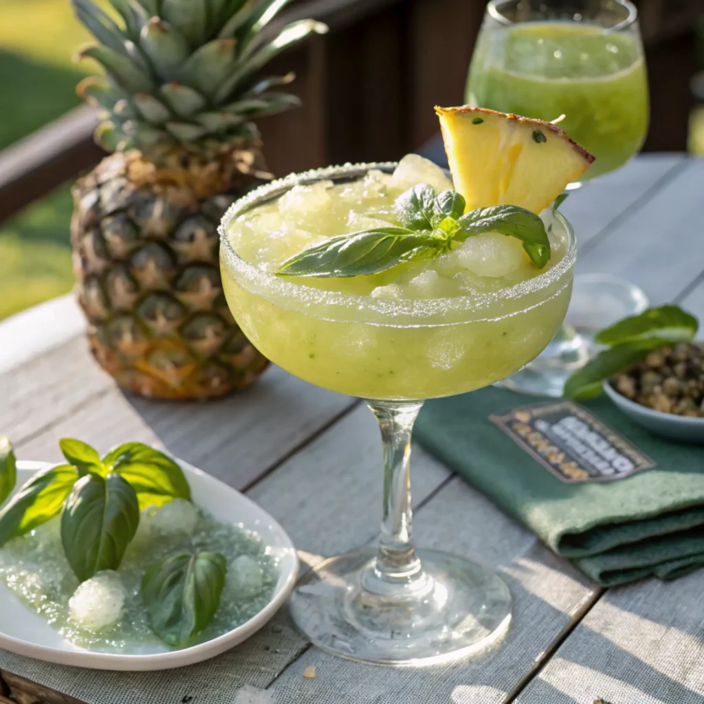 Frozen Green Pineapple Margarita with basil garnish and pineapple wedge on a sunny outdoor table
