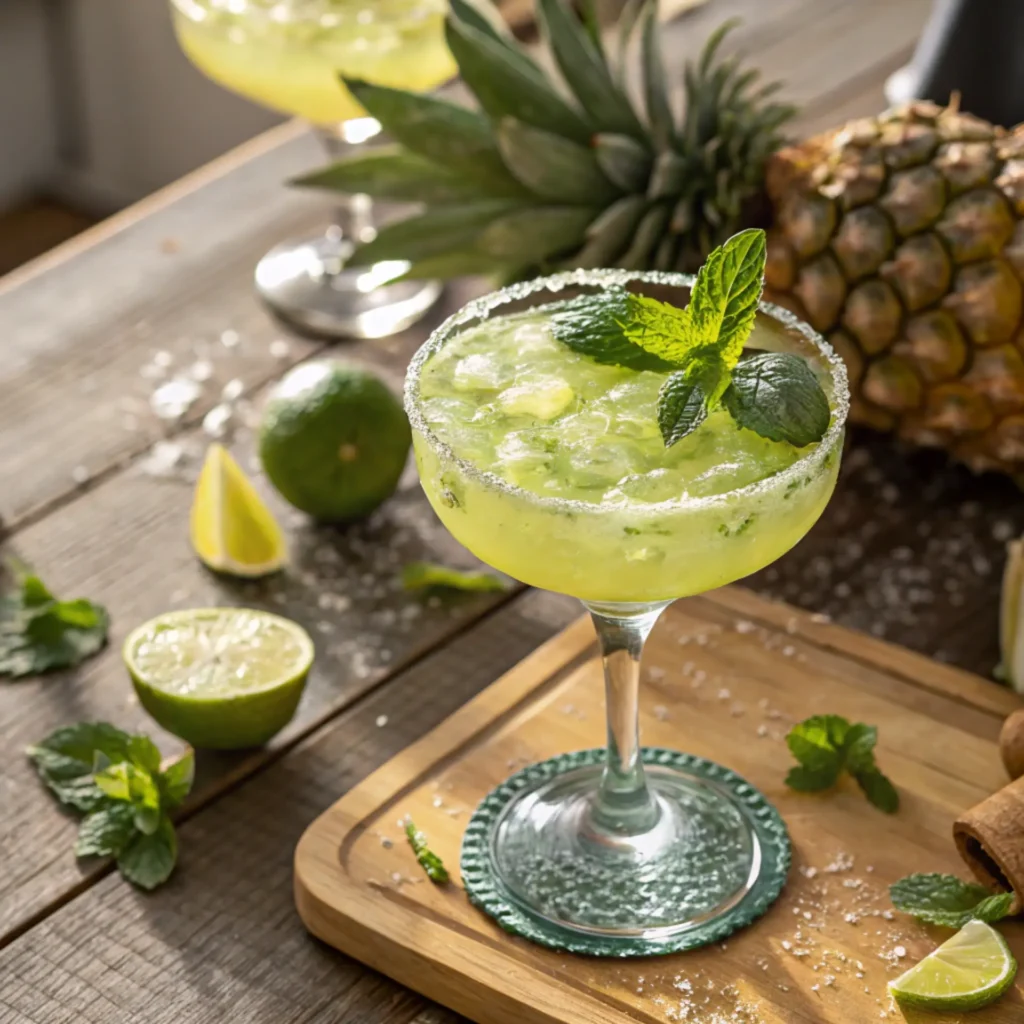 Green Pineapple Margarita in a salt-rimmed glass with mint and lime on a rustic wood table