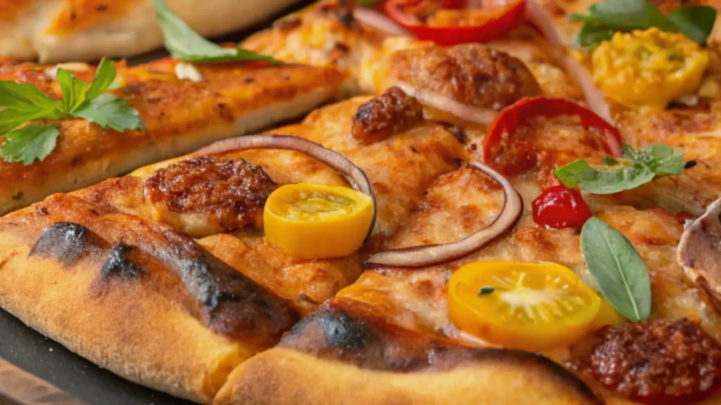 Close-up of grilled pizza slices with charred crust, yellow cherry tomatoes, red onions, sausage, and fresh herbs.