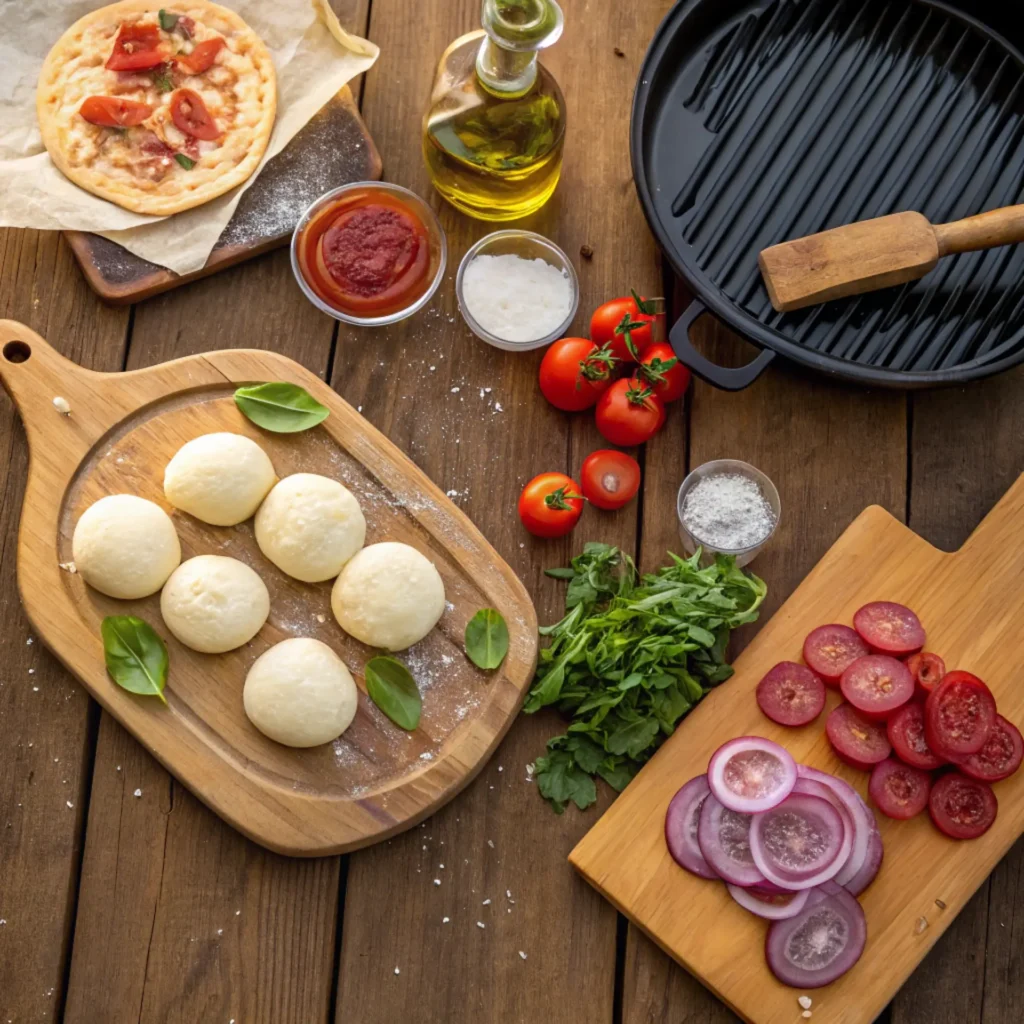 Flat lay of grilled pizza ingredients including dough balls, sliced tomatoes, red onions, tomato sauce, olive oil, herbs, and a cast iron grill pan on a rustic wooden table.