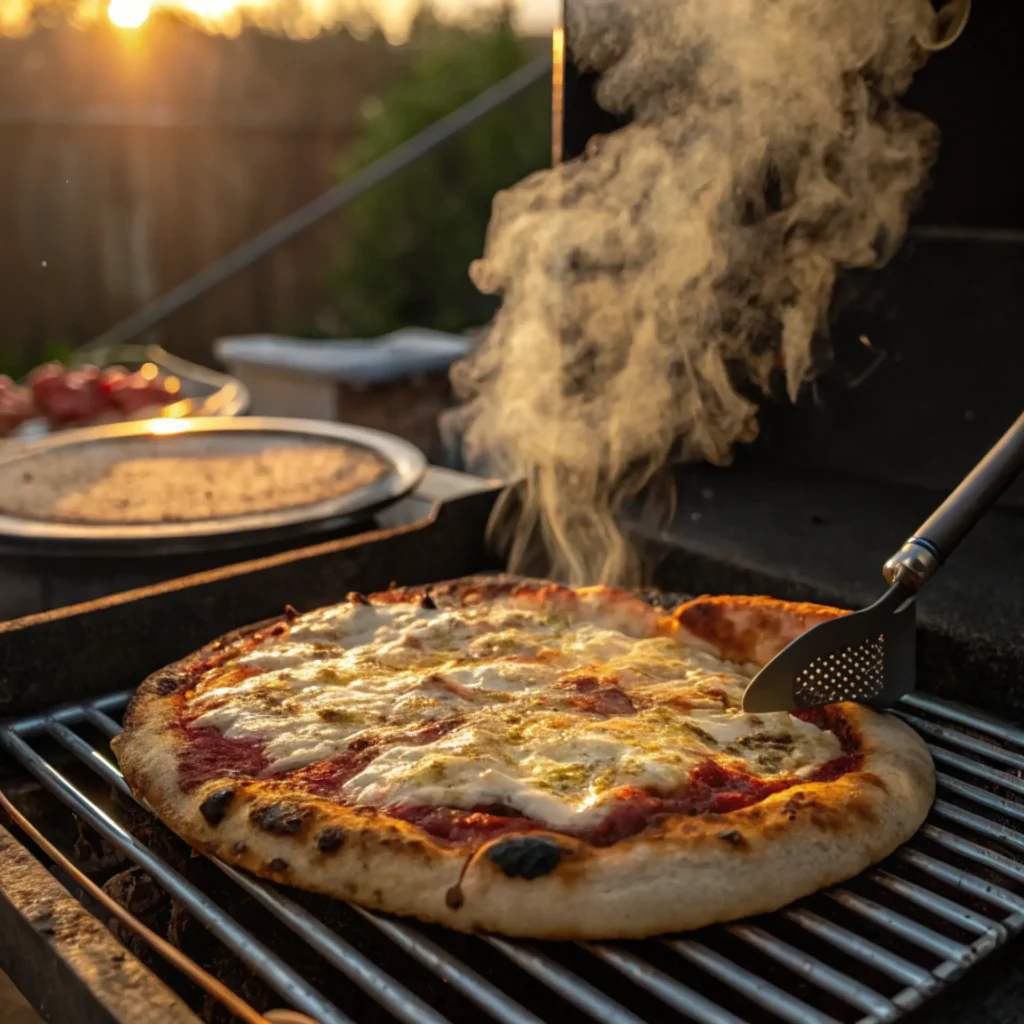 Hot grilled pizza with melted cheese and charred crust cooking on an outdoor barbecue grill at sunset, with smoke rising.