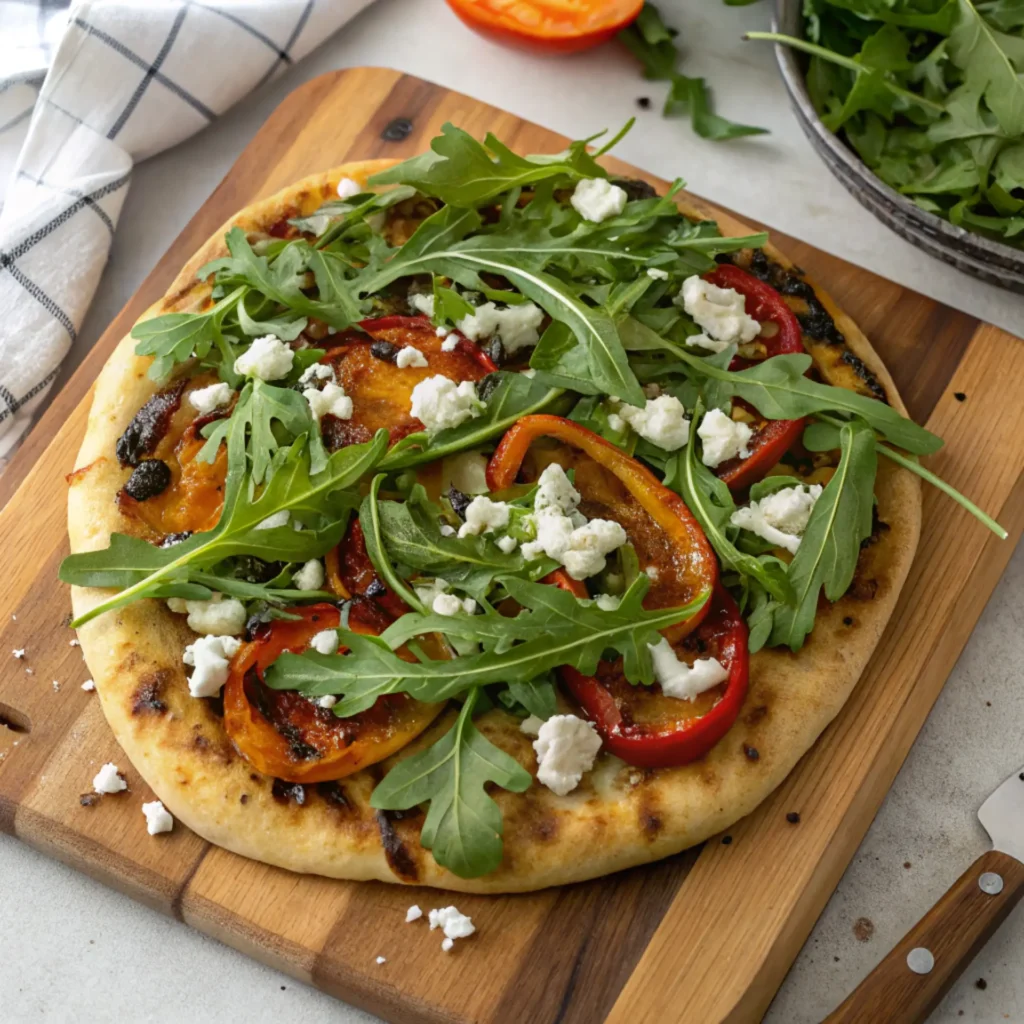 Grilled vegetable pizza topped with roasted bell peppers, fresh arugula, and crumbled goat cheese on a wooden cutting board.