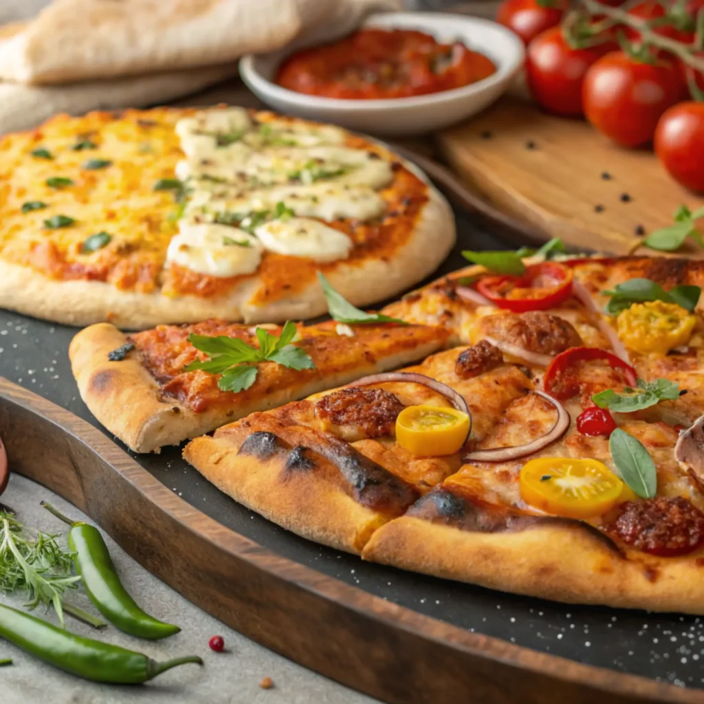 Assorted grilled pizzas on a serving board, including charred crust slices with cherry tomatoes, onions, sausage, herbs, and a mozzarella flatbread pizza in the background.