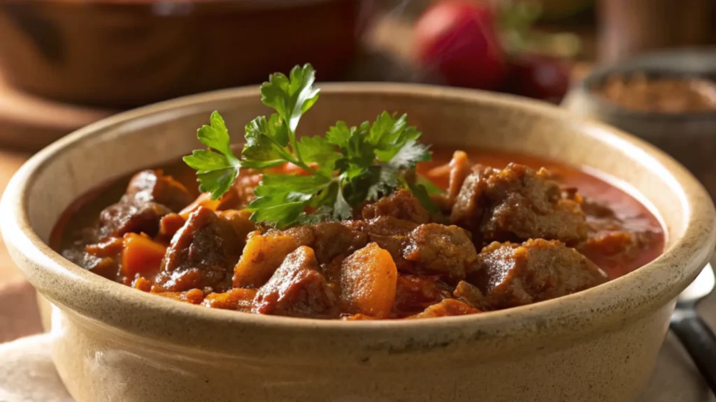 Old fashioned goulash with tender beef and hearty vegetables served in a rustic bowl