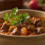 Old fashioned goulash with tender beef and hearty vegetables served in a rustic bowl
