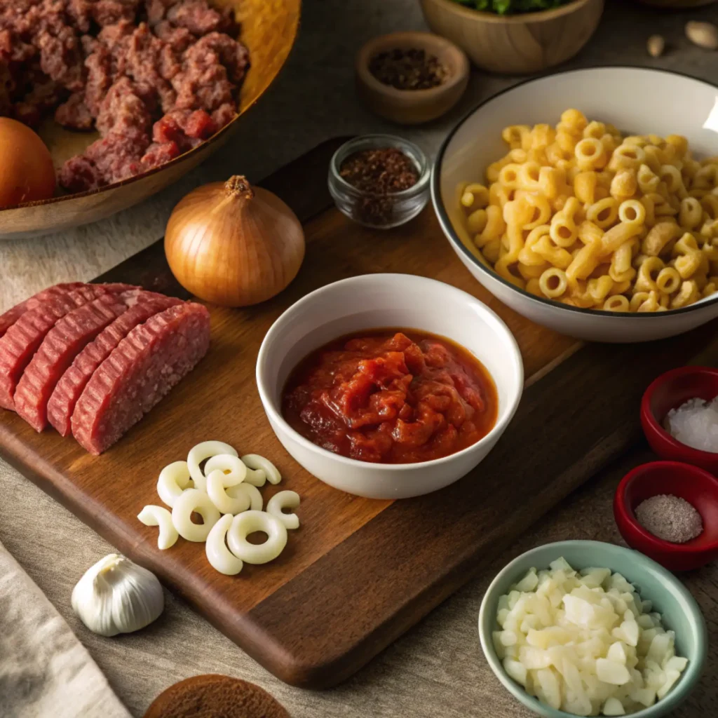 Old fashioned goulash ingredients including ground beef, onion, pasta, and tomato sauce on a wooden board
